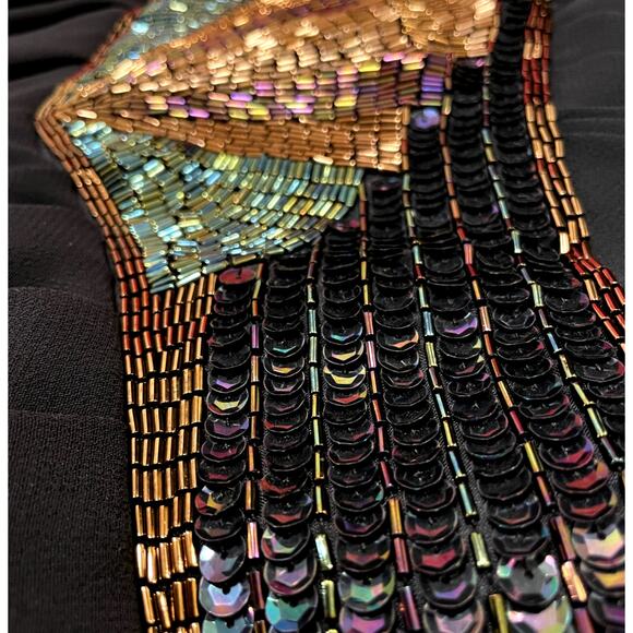 Vintage Black Sequin Waist Jumpsuit | Sheer Sleeve, V-Neck, Pockets, Formal Glam - Picture 2 of 11